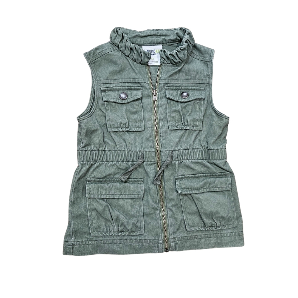 Genuine Kids From Oshkosh Army Green Zip Front Vest Dress 100% Cotton Size 3T
